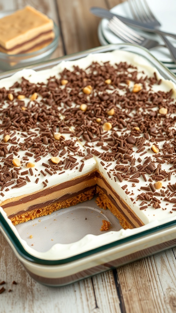 Layered peanut butter dessert in a 9x13 pan with graham cracker crust, peanut butter, chocolate, and whipped topping.